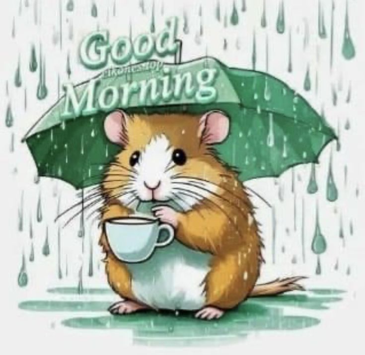 a mouse holding a coffee cup under an umbrella with the words good morning written on it