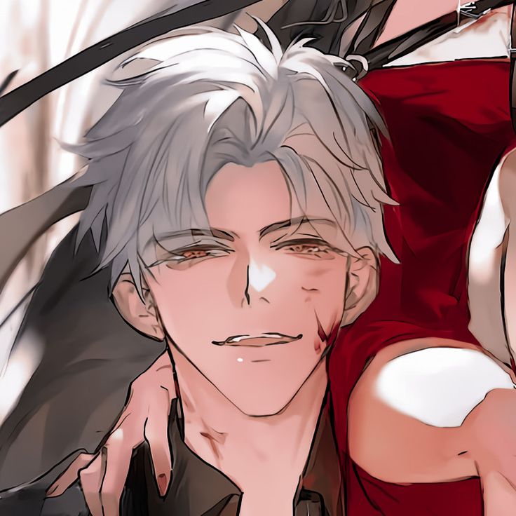 an anime character with white hair and grey hair is posing for the camera next to another character