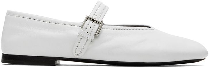 Nappa leather Mary Jane-style ballerina flats in white. · Pin-buckle strap at vamp · Logo stamp at padded leather footbed · Suede and buffed leather lining · Stacked leather heel · Leather sole with rubber injections · Silver-tone hardware Supplier color: White White Leather Pointed Toe Ballet Flats, Classic White Leather Ballet Flats, White Leather Ballet Flats For Work, White Leather Ballet Flats, Fringed Belt, White Pin, Mary Kate Olsen, Chain Strap Bag, Oversized Tote Bag