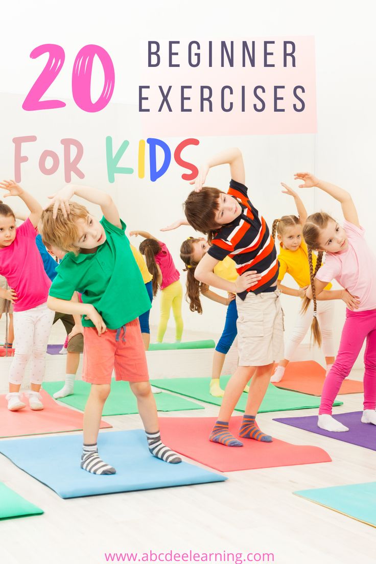 children doing yoga poses in front of a sign that says 20 beginner exercises for kids