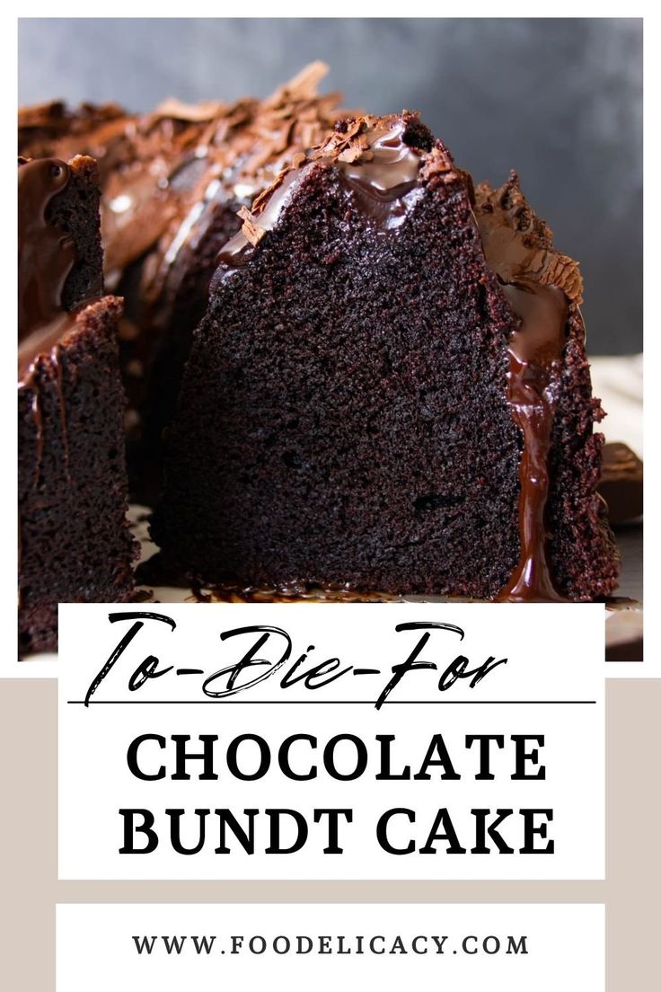 a chocolate bundt cake on a plate with text overlay