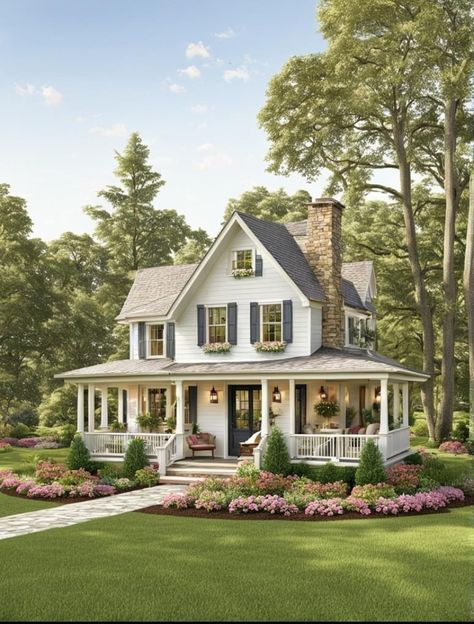 a white house surrounded by trees and flowers