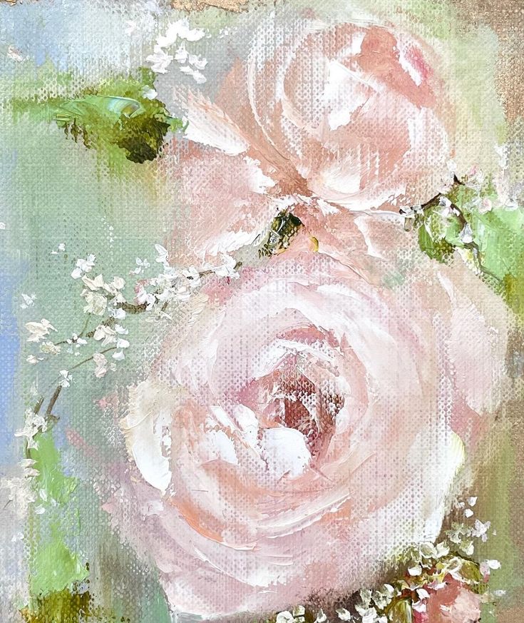 an oil painting of pink roses and baby's breath flowers on a green background