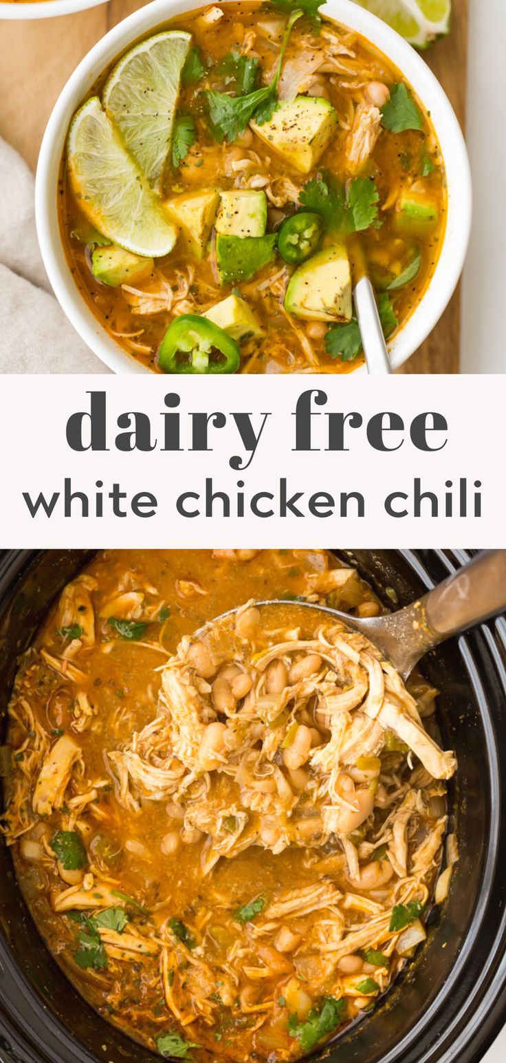 chicken chili soup in a crock pot with the text dairy free white chicken chili