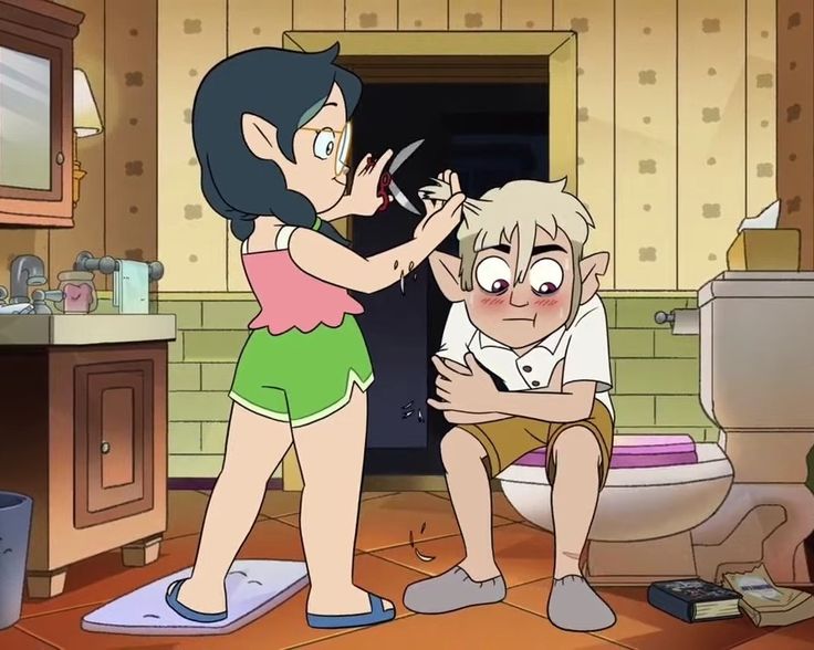 an animated image of a woman combing the hair of a man in a bathroom