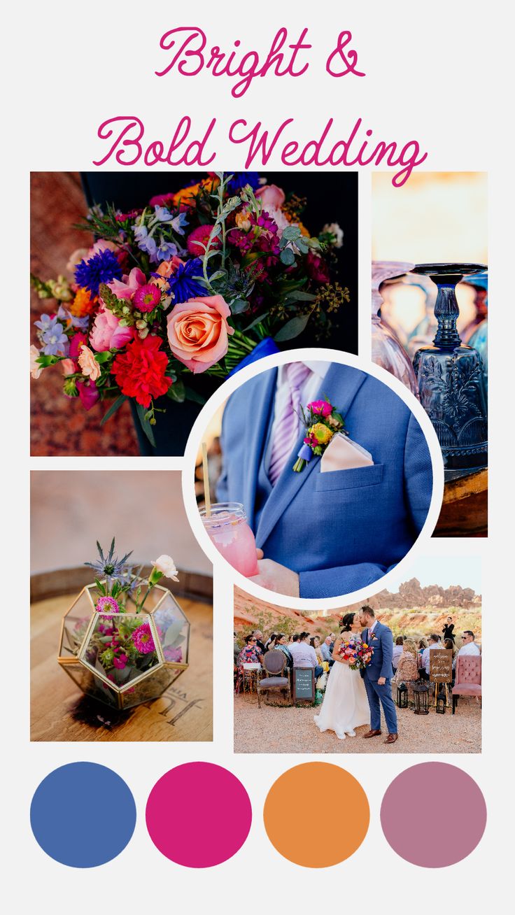 a collage of photos with the words bright and bold wedding on it's side