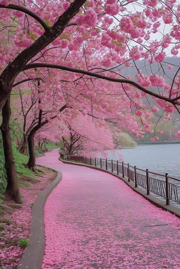 pink flowers are blooming on the ground next to a path that is lined with trees