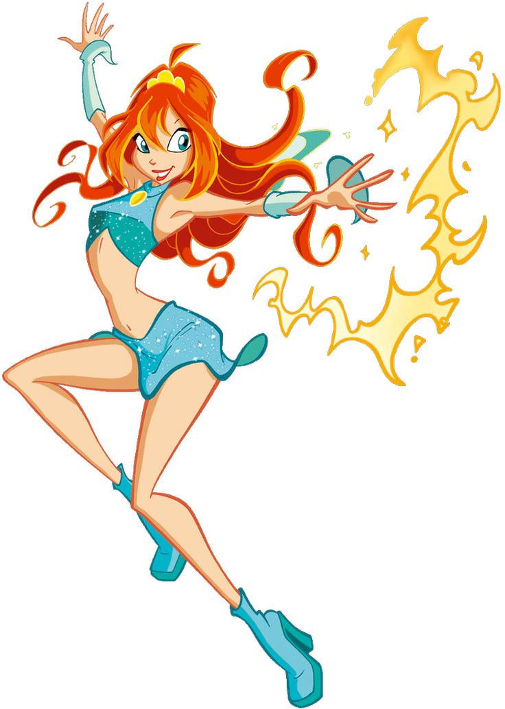 a cartoon girl with red hair and blue shorts is flying through the air while holding her arms out