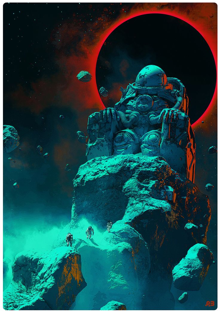 an alien landscape with mountains and planets in the background, including two people on a rock formation