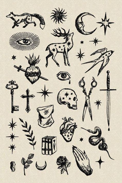 an old fashioned tattoo design with various symbols