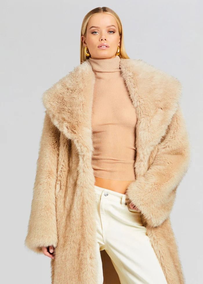 Averie Faux Fur Coat – Retrofete Faux Fur Coat With Faux Fur Lining, Fluffy Beige Faux Fur Coat, Chic Faux Fur Coat For Fall, Beige Faux Fur Coat For Fall, Elegant Fluffy Mink Outerwear, Chic Faux Fur Winter Coat, Chic Winter Faux Fur Coat, Mink Long Coat With Faux Fur Lining, Mink Colored Faux Fur Long Coat