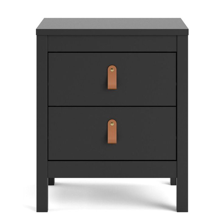 a black nightstand with two drawers and leather handles on the bottom, against a white background