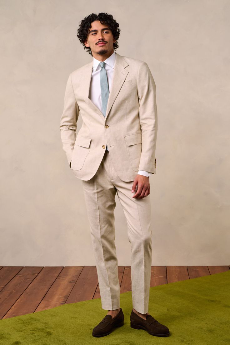 Mojave Tan Linen Suit - Shop our new linen collection just in time for summer Timeless Beige Linen Suit, Summer Linen Blazer With Welt Pockets, Classic Linen Suits For Workwear, Beige Linen Blazer For Business Occasions, Beige Linen Blazer With Welt Pockets, Single Breasted Suits For Business Casual In Summer, Spring Linen Suits For Workwear, Semi-formal Beige Linen Blazer, Spring Linen Suit For Work