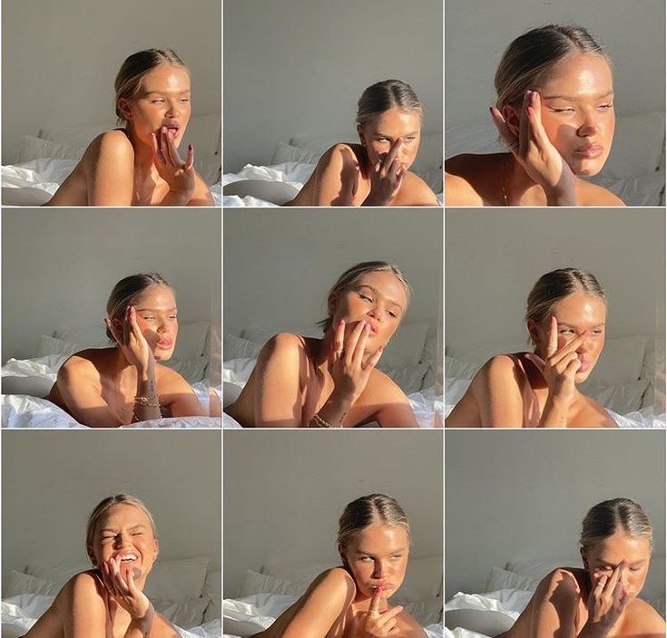 multiple pictures of a woman laying in bed brushing her teeth and looking at the camera