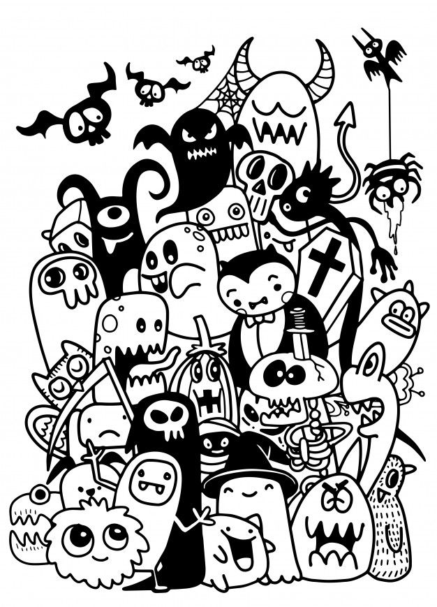 black and white drawing of halloween characters with pumpkins, bats, skulls, ghost heads and more