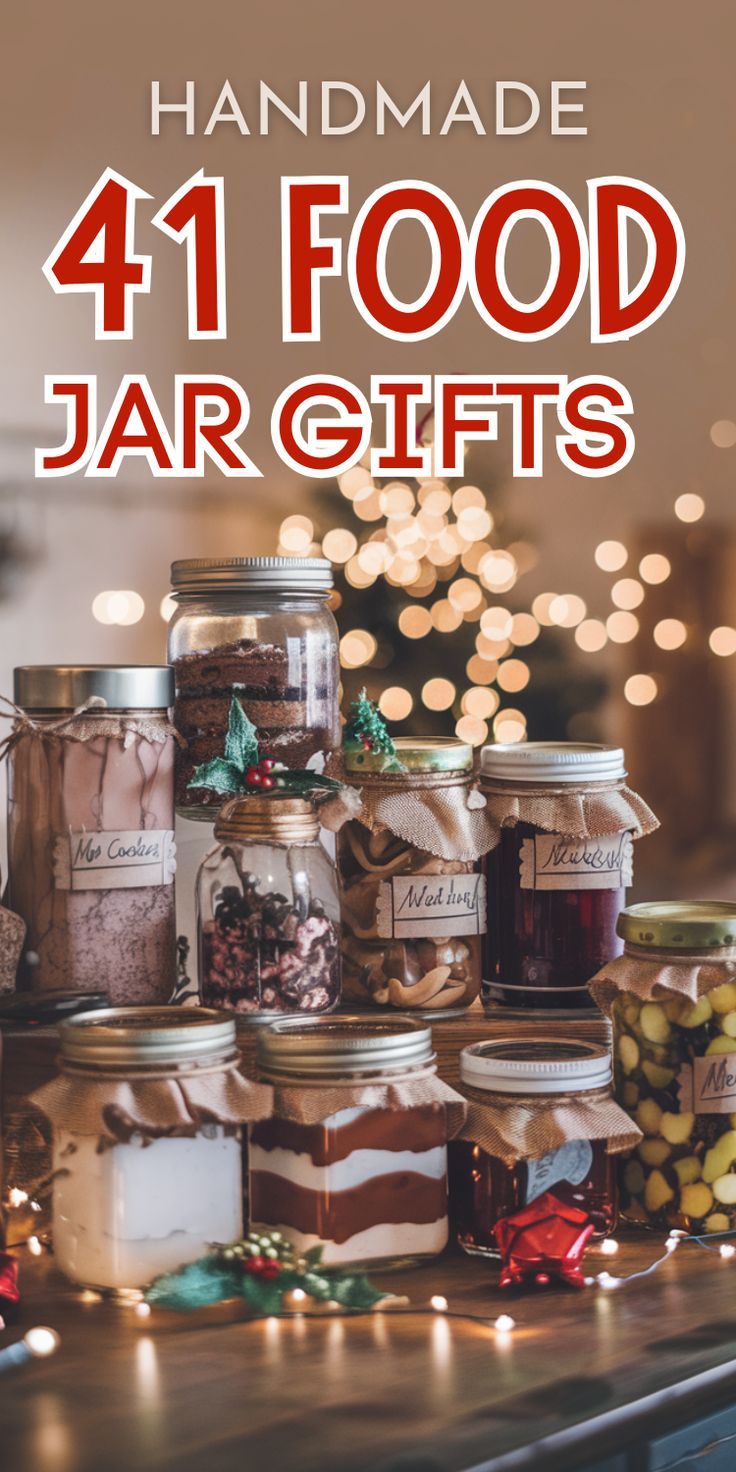 Handmade food jar gifts on a wooden table, decorated with twinkling holiday lights. Rustic jars labeled with cookies and festive decorations. Warm, cozy atmosphere. Food Jar Gifts, Homemade Food Gifts In A Jar, Soup Mixes In A Jar, Food Gifts In A Jar, Homemade Mason Jar Gifts, Handmade Food Gifts, Jar Food Gifts, Mason Jar Gifts Recipes, Frugal Christmas Gifts