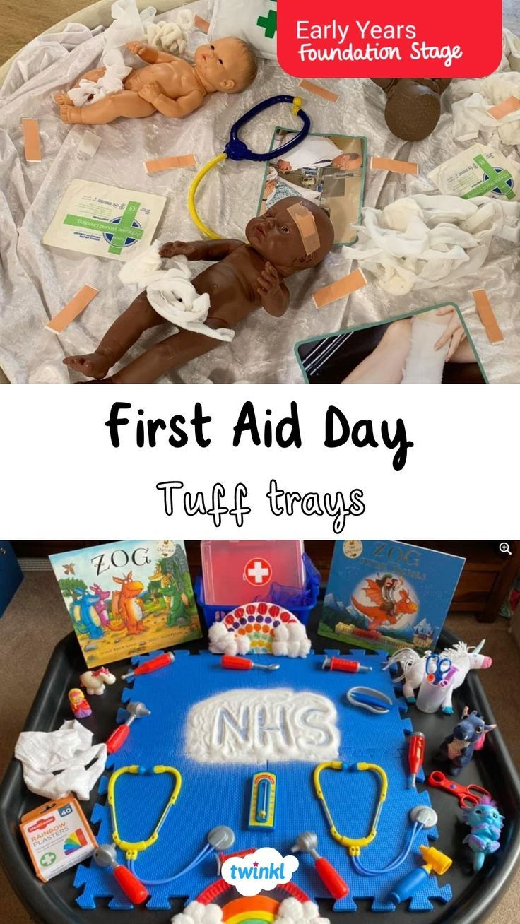 First Aid tuff trays eyfs Nurse Eyfs Activities, Eyfs Jobs Topic, Jobs Eyfs Activities, Community Tuff Tray Ideas, Doctors Tuff Tray, Eyfs Topics Ideas, Hospital Eyfs Activities, Doctor Tuff Tray Ideas, Human Body Tuff Tray