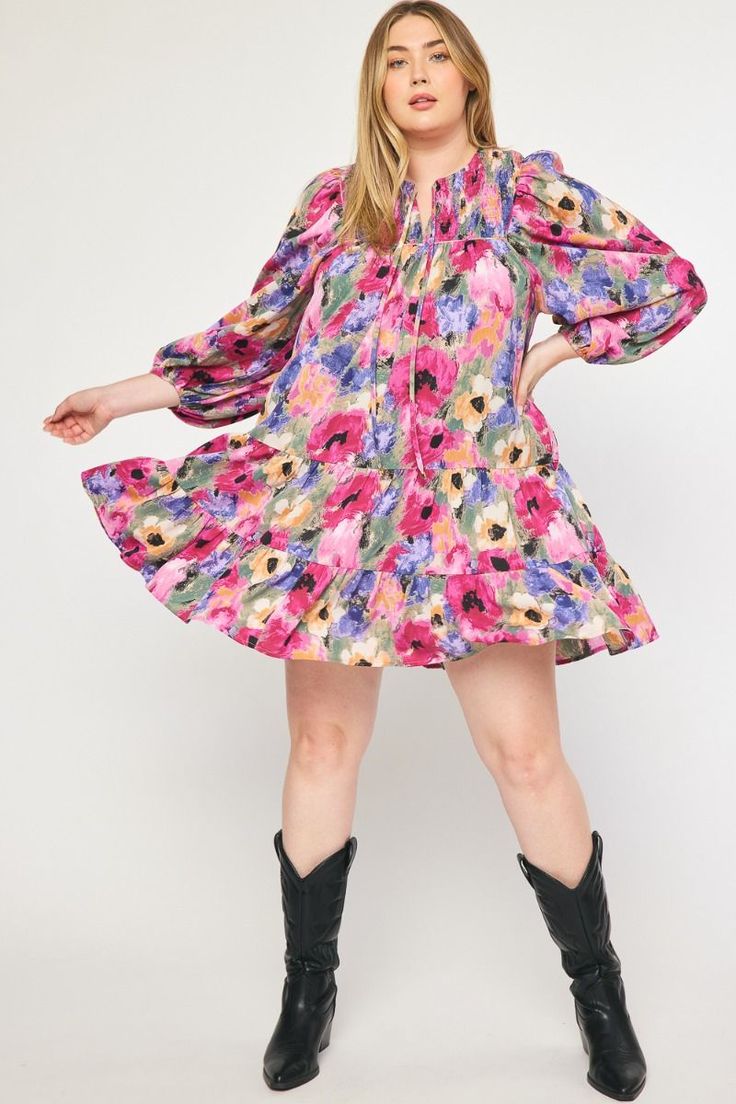 Turn heads with this one-of-a-kind Orchid Floral Dress, featuring a bold & bright floral pattern and an oh-so-flowy fit. Perfect for any bohemian-loving fashionista, you'll be ready for any occasion in this versatile number! #flowyvibes This dress features a split v-neckline with ties, long sleeves with elastic at the wrist, smocking details on front, side seam pockets, is lined and has an a-line tiered mini silhouette. The colors are just gorgeous. Small Bust 38" Length 34" : Medium Bust 40" Le Babydoll Blouse, Cap Sleeve Top, Embroidered Caps, Be Ready, Kimono Jacket, Printed Midi Dress, Small Bust, Swing Dress, Pink Dress