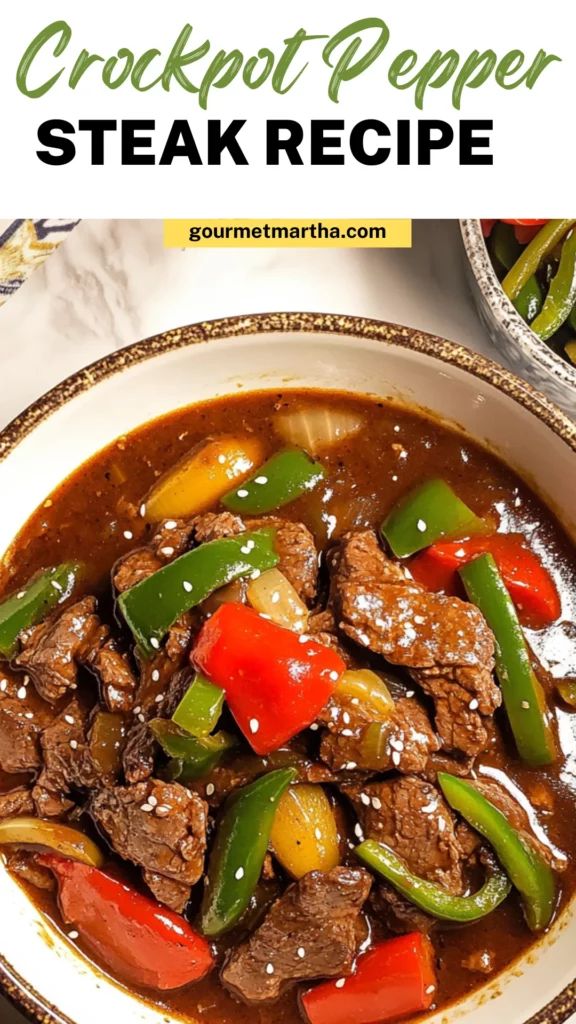 a bowl filled with beef and peppers in gravy on top of a table