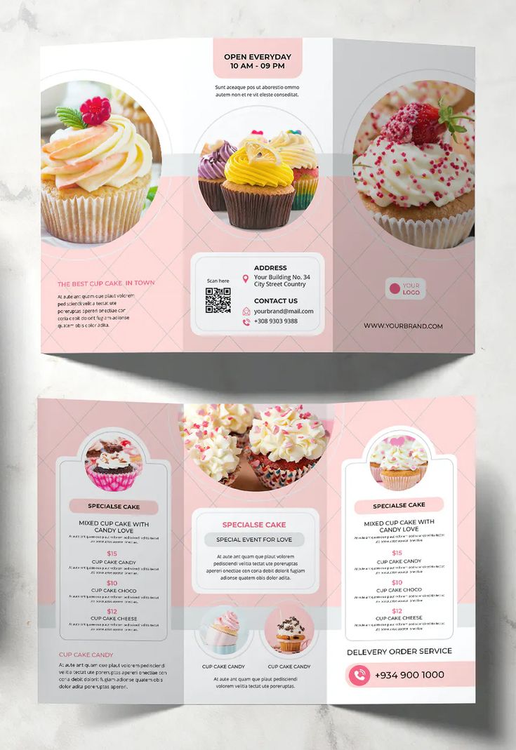 a pink and white brochure with cupcakes on it