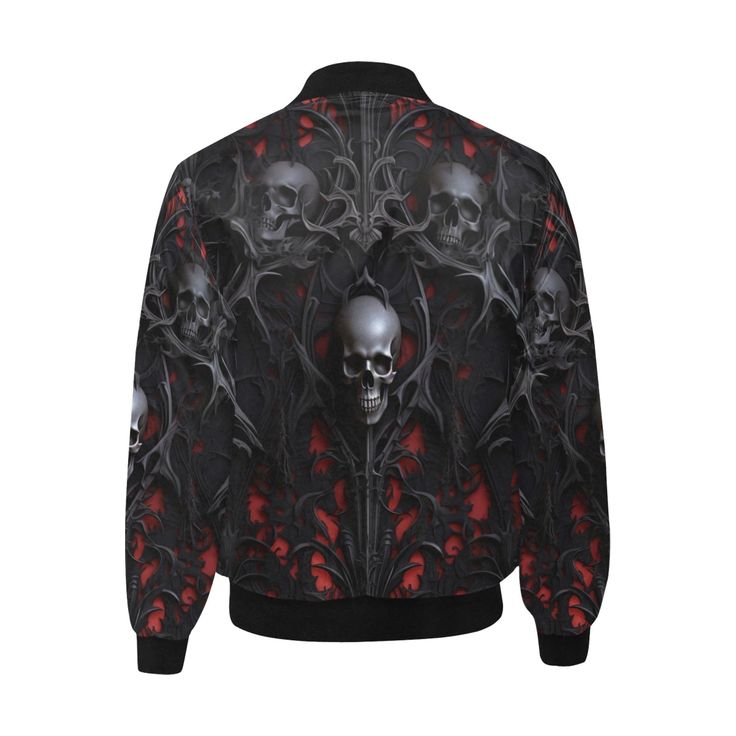 Gothic Skull Pattern Bomber Jacket This bomber jacket features a gothic skull pattern Details: 100% Polyester 23 Oz Quilted lining Classic zipper style with two pouch pockets Elastic sleeve cuff and hem designed for maximum fit Washing instructions: Machine wash cold, Non-chorine and iron with a cover. Do not tumble dry. Washing solution temperature should not exceed 45ºC or 104ºF Check Out More jackets HERE *This product is custom made on demand H33 Black Biker Outerwear For Halloween, Halloween Black Outerwear With Skull Print, Biker Style Skull Print Outerwear For Fall, Biker Style Long Sleeve Outerwear For Halloween, Biker Outerwear With Skull Print For Fall, Biker Style Outerwear For Halloween, Halloween Biker Long Sleeve Outerwear, Gothic Black Outerwear With Pockets, Gothic Winter Outerwear With Zipper Closure