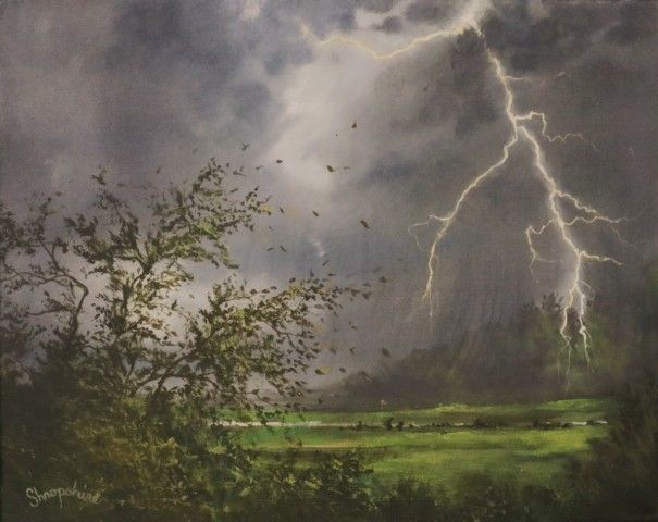 a painting of a storm with lightning in the sky over a green field and trees