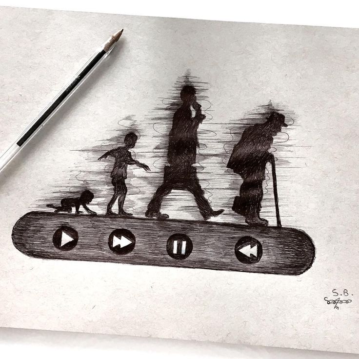 a pencil drawing of people walking on top of a piece of paper with an audio player