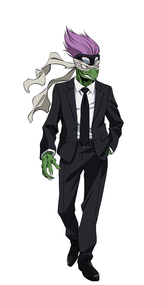 a man in a suit and tie with purple hair is dressed up as a zombie