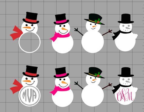 snowmen wearing hats and scarves with monogrammed names on them, all in different styles