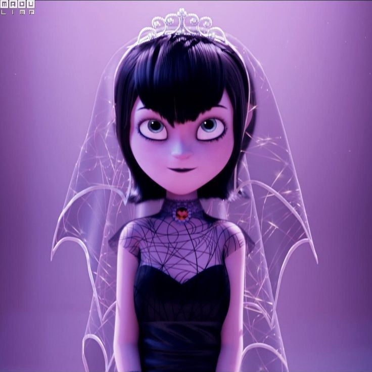 an animated doll wearing a veil and dress with wings on it's head, standing in front of a purple background