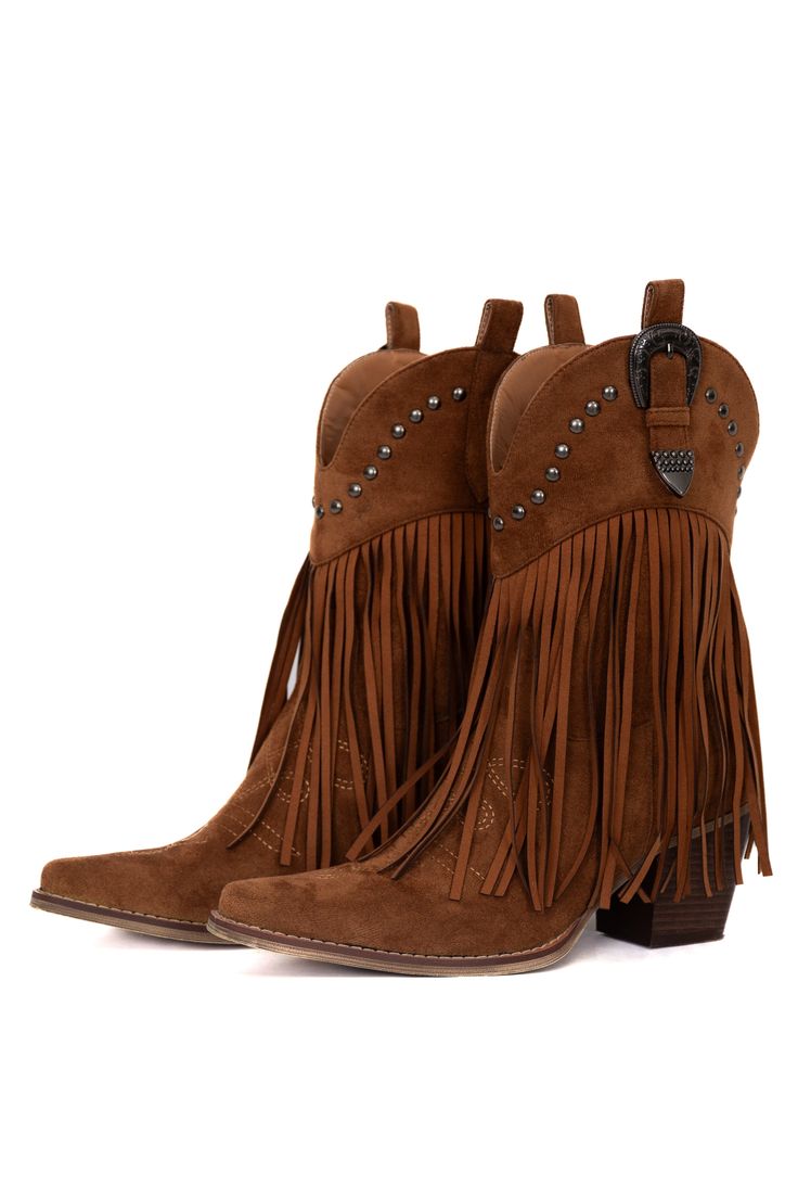 Details Camel Fringe Bootie Fringe detail Heel height: 2" Material and Care Made of man made materials Materials may have natural variations Colors may vary from different viewing devices. If you are returning a pair of shoes: Shoe boxes must be encased in another box for shipping to protect the items. If you send shoes back with stickers and return labels directly on the box, or if the shoe box is damaged, then we will not accept a return. Return Labels, Fringe Booties, Shoe Boxes, Fringe Boots, Pink Lily, Inspired Outfits, High Heel Boots, Shoe Box, Bootie