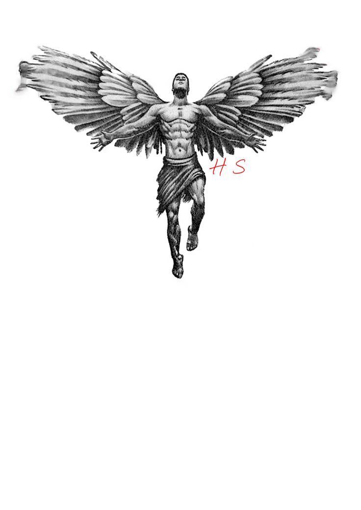 an ink drawing of a man with wings