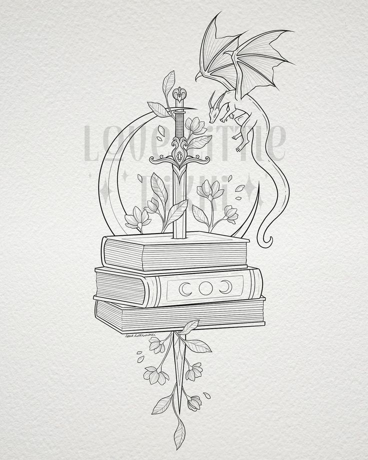 a drawing of a book with a dragon on top