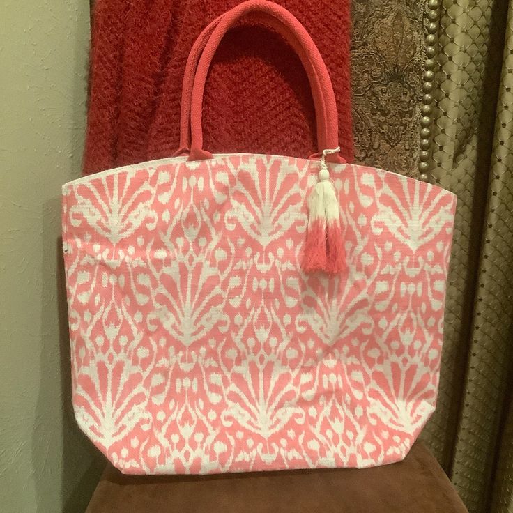 New, Never Used Pink And White Canvas Beach Bag. Inside Pocket. Top Is 27” Bottom Is 14.57” Great For The Upcoming Beach Season! White Canvas Bag For Spring Travel, Summer White Canvas Shopping Bag, Pink Canvas Beach Bag For Spring, White Beach Shoulder Bag For Shopping, White Canvas Shopping Bag For Beach Season, White Shoulder Beach Bag For Shopping, Spring Beach Pink Canvas Bag, White Summer Canvas Bag For Shopping, White Summer Canvas Shopping Bag