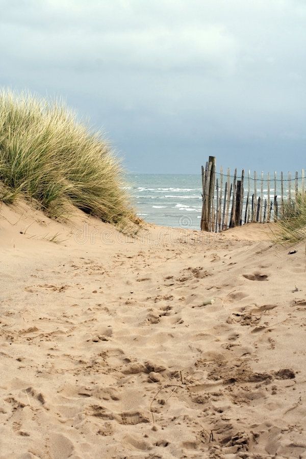 a sandy path leading to the ocean on a cloudy day