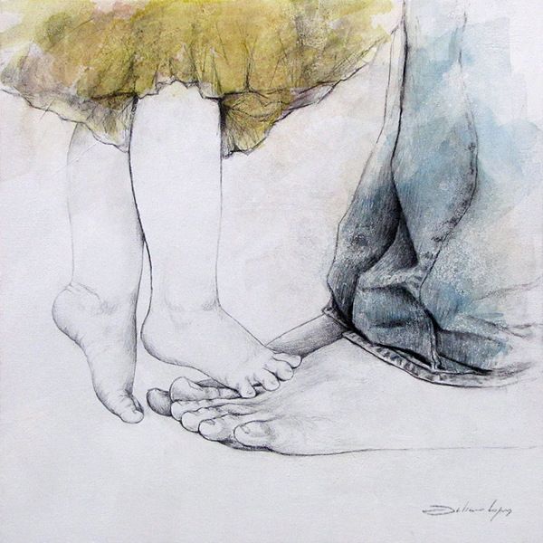 a drawing of two people holding hands with one person's foot on the ground