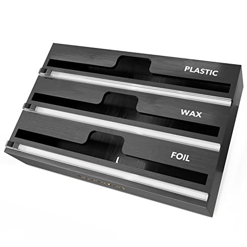 three black plastic drawers with white labels on them