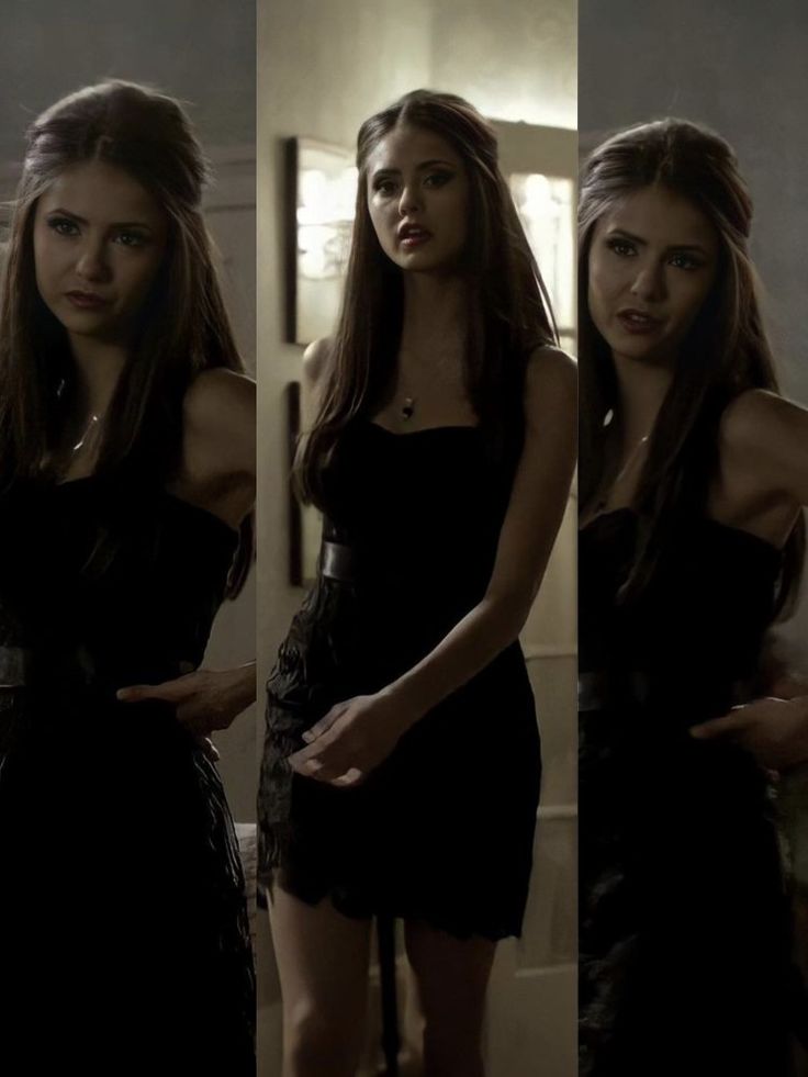 three different shots of a woman in a black dress with long hair and no bra