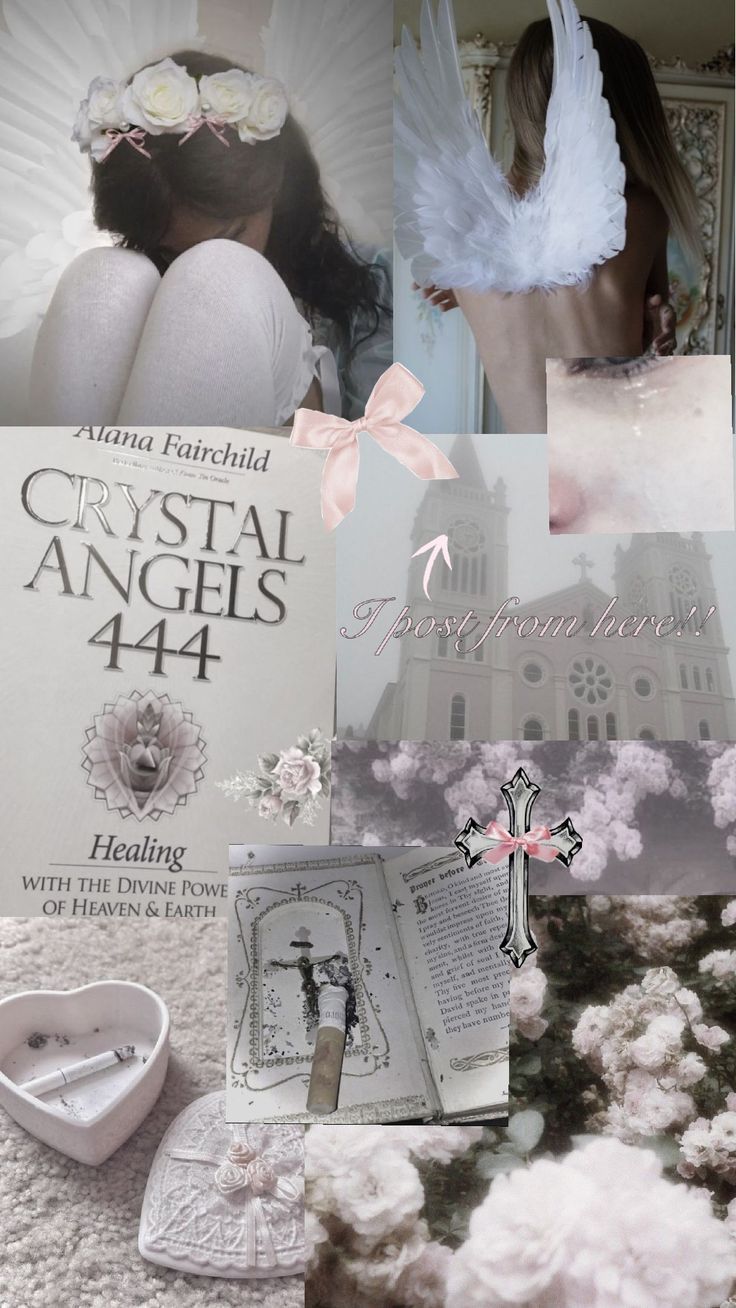 the collage has angel wings and flowers on it, including an open book with a cross