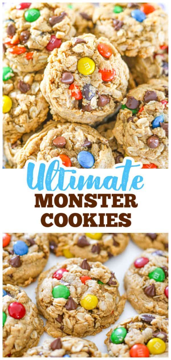 monster cookies with m & m's on top and the words ultimate monster cookies