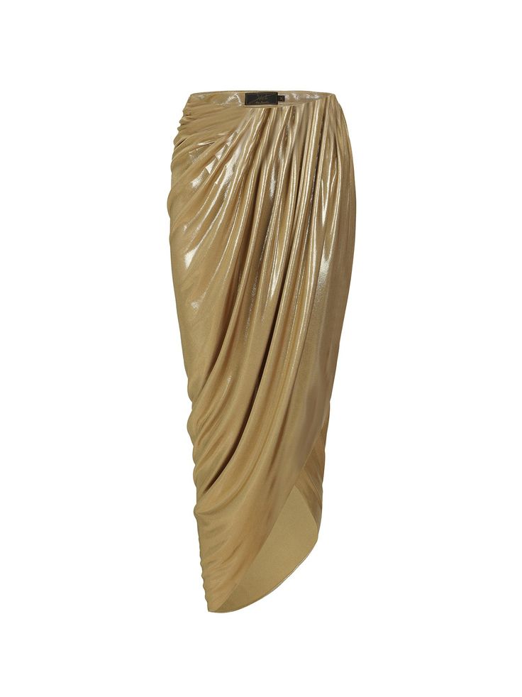 The Amina Skirt is a bold reimagining of traditional tailoring, combining sculptural elegance with fluid modernity. It’s an exquisite statement piece that embodies the brand's commitment to luxury and innovative design. Overall, this gold skirt from NJ is a masterful blend of classic elegance and contemporary design. I Pre-draped Asymmetrical Skirt For Evening, Formal Pre-draped Flowy Skirt, Chic Draped Skirt For Formal Occasions, Elegant Silk Bottoms For Festive Season, Silk Draped Skirt For Party With Traditional Drape, Silk Draped Skirt With Traditional Drape For Party, Elegant Draped Pleated Skirt, Evening Draped Lined Skirt, Chic Draped Evening Maxi Skirt