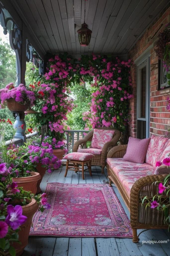 the porch is covered with pink flowers and wicker furniture