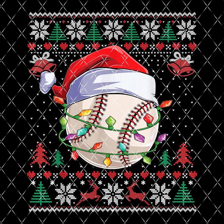 a baseball with a santa hat and christmas lights on it