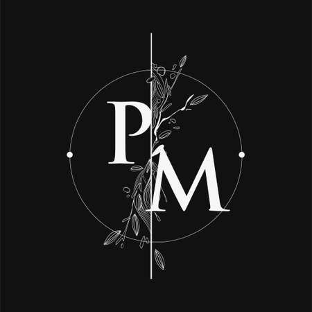 the letter p m with flowers and leaves on it