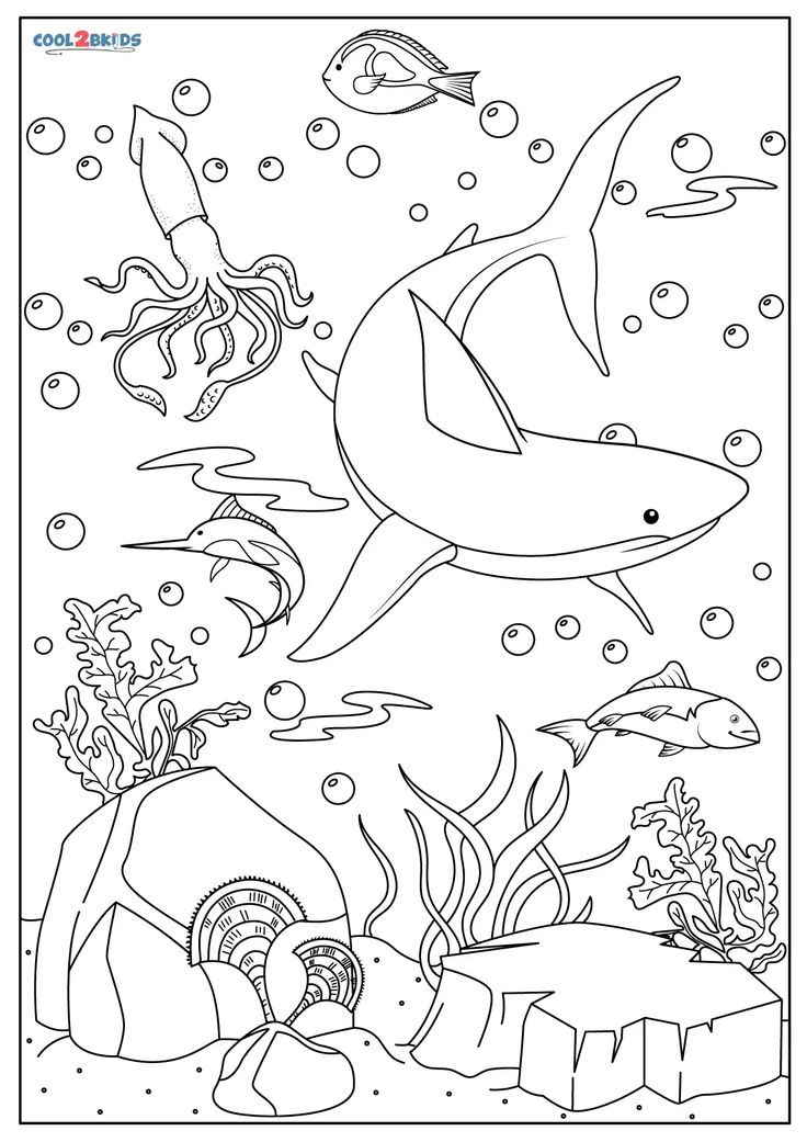 an underwater scene with sharks and fish in the ocean coloring page for kids to color