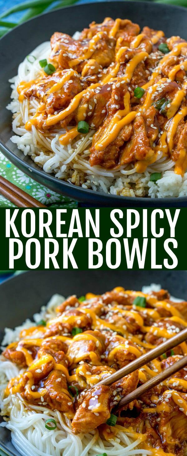 korean spicy pork bowls with chopsticks on top and in the middle, topped with rice