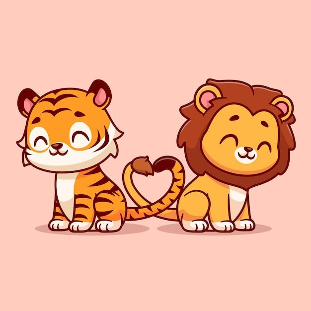 two cute cartoon animals sitting next to each other on a pink background with the word love written