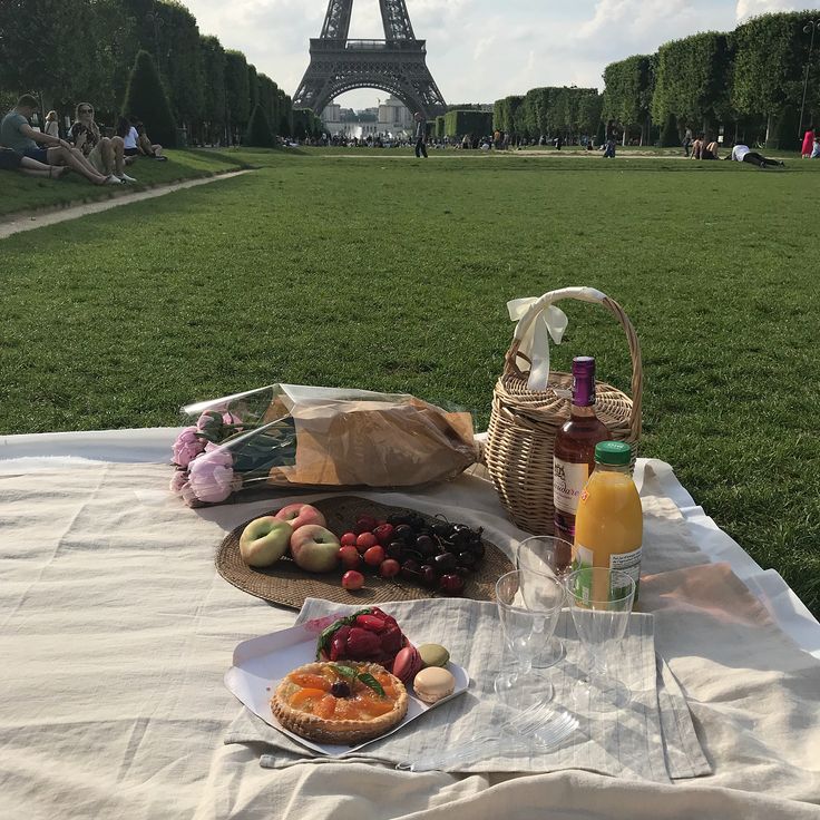 the picnic is set out in front of the eiffel tower