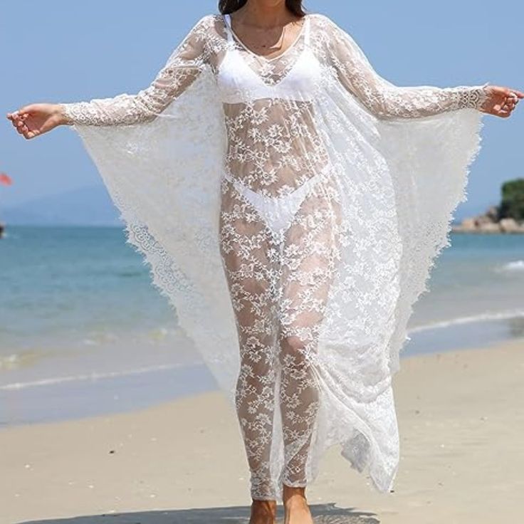 White Loose And Flowy , Sheer And Sexy Gothic Beauty Floral Lace Floor Length Maxi Dress/ Lingerie / Beach Coverup Free Size Fits Most But Due To Length It May Be Too Long For Petite Heights Without Heels Length 60" Bust 84" Polyester , Soft With Some Stretch This Could Be Made Part Of A Custom Costume With It's Flowy Sleeves - Maybe A Pretty Ghost , Or Under Butterfly Or Moth Wings To Make The Wings Seem Longer And More Full Black Is Also Shown For Details. More Colors Are Listed Separately In Lace Beachwear Cover-up For Beach, Sheer Lace Beachwear Cover-up, Sheer Lace Beach Season Cover-up, Sheer Lace Cover-up For Beach Season, Summer Sheer Lace Maxi Dress, Sheer Lace Cover-up For Beachwear, Lace Fitted Vacation Cover-up, Fitted Lace Cover-up For Vacation, Fitted Lace Summer Cover-up