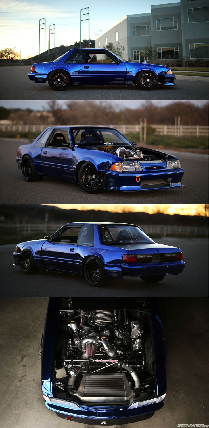 three different views of a blue car with its hood open